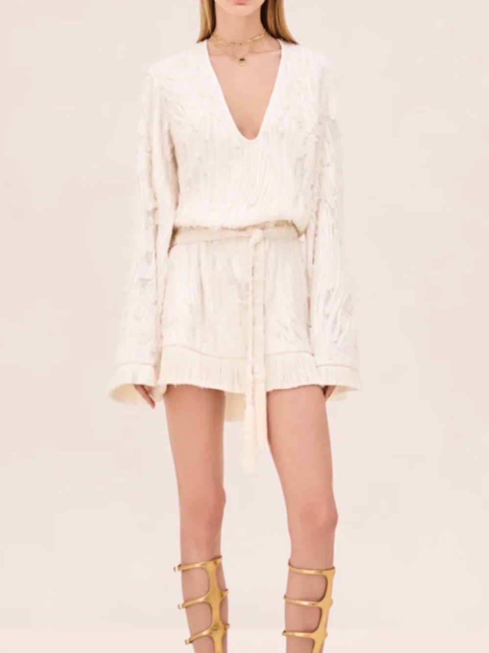 Alexis Cream Textured V-Neck Mini Dress